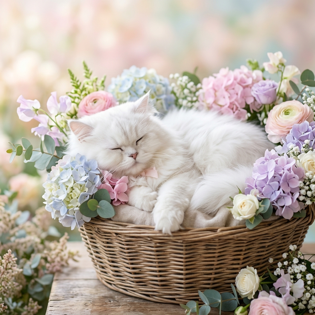 Белый кот в корзине с цветами